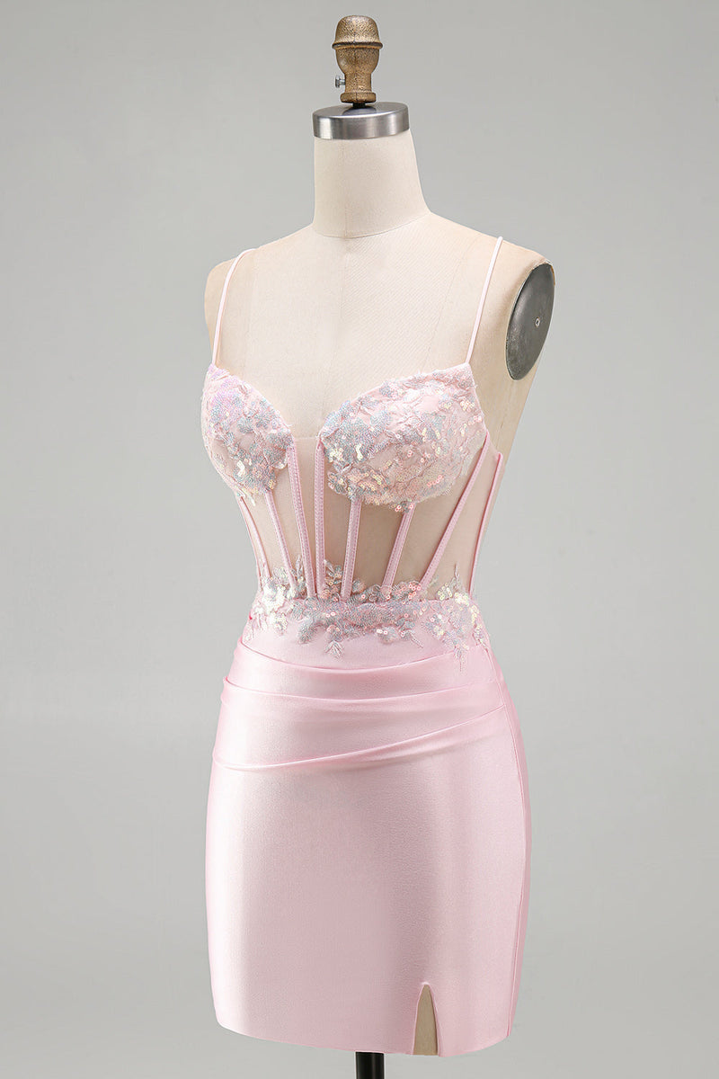 Laden Sie das Bild in den Galerie-Viewer, Rosa Bodycon Transparentes Korsett Satin Kurzes Abendkleid mit Applikationen