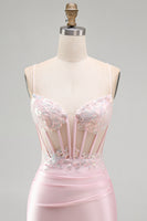 Laden Sie das Bild in den Galerie-Viewer, Rosa Bodycon Transparentes Korsett Satin Kurzes Abendkleid mit Applikationen