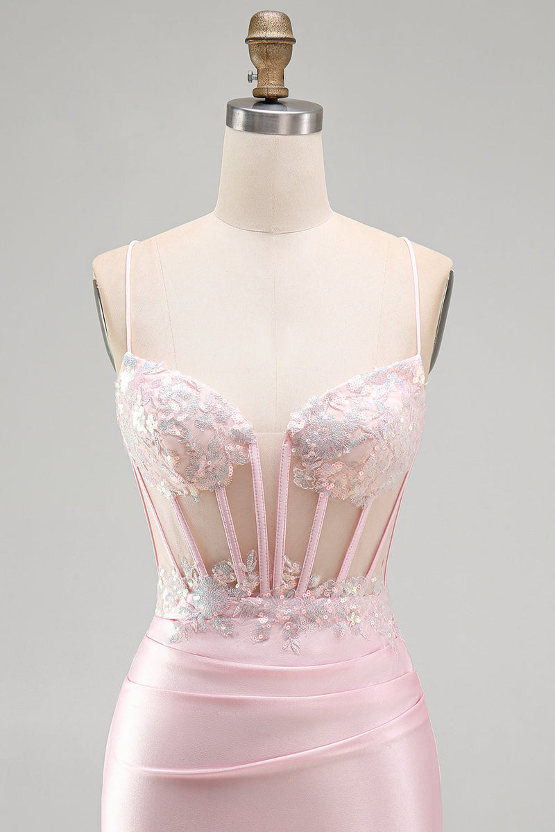 Laden Sie das Bild in den Galerie-Viewer, Rosa Bodycon Transparentes Korsett Satin Kurzes Abendkleid mit Applikationen