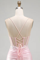 Laden Sie das Bild in den Galerie-Viewer, Rosa Bodycon Transparentes Korsett Satin Kurzes Abendkleid mit Applikationen