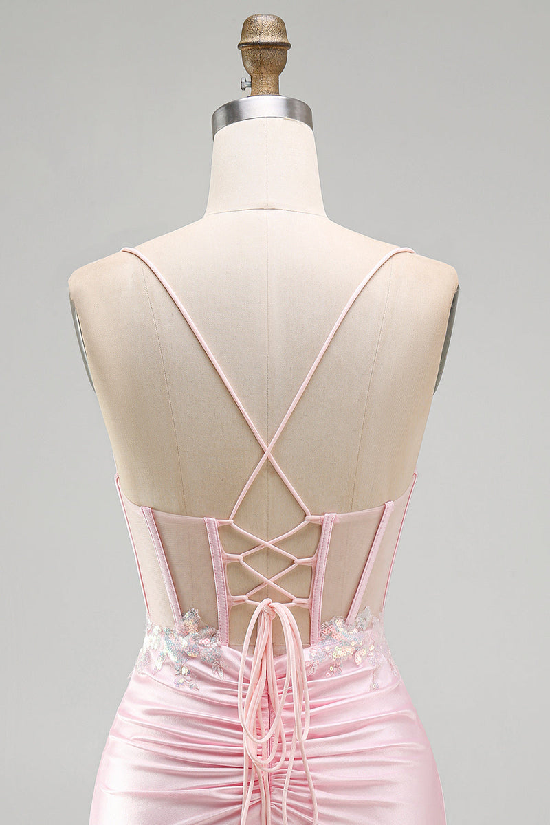 Laden Sie das Bild in den Galerie-Viewer, Rosa Bodycon Transparentes Korsett Satin Kurzes Abendkleid mit Applikationen