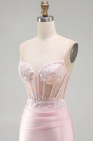 Laden Sie das Bild in den Galerie-Viewer, Rosa Bodycon Transparentes Korsett Satin Kurzes Abendkleid mit Applikationen