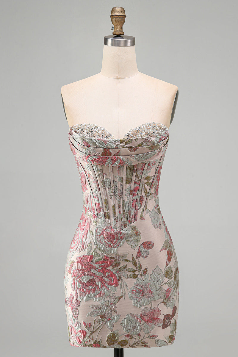 Laden Sie das Bild in den Galerie-Viewer, Rosa Blume Jacquard Korsett Bodycon Pailletten Trägerloses Kurzes Abendkleid