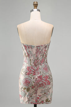 Rosa Blume Jacquard Korsett Bodycon Pailletten Trägerloses Kurzes Abendkleid
