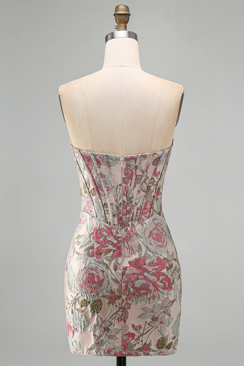 Laden Sie das Bild in den Galerie-Viewer, Rosa Blume Jacquard Korsett Bodycon Pailletten Trägerloses Kurzes Abendkleid