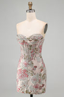 Laden Sie das Bild in den Galerie-Viewer, Rosa Blume Jacquard Korsett Bodycon Pailletten Trägerloses Kurzes Abendkleid