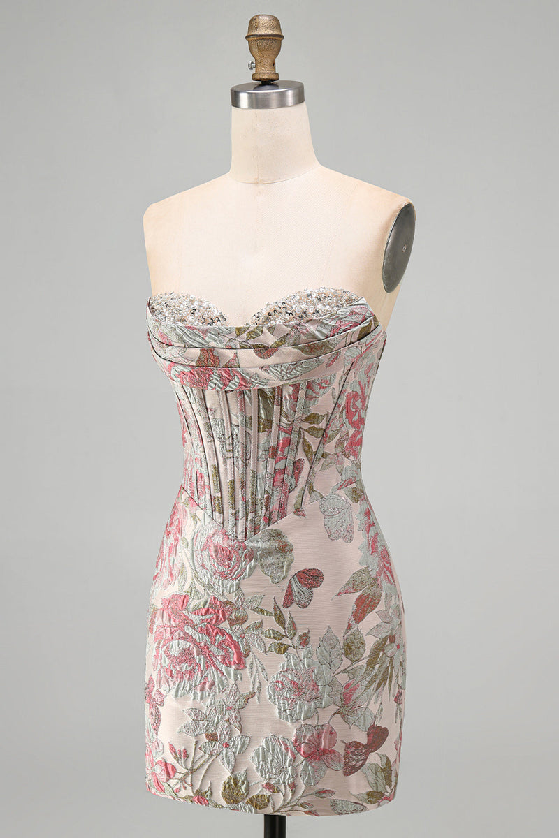 Laden Sie das Bild in den Galerie-Viewer, Rosa Blume Jacquard Korsett Bodycon Pailletten Trägerloses Kurzes Abendkleid