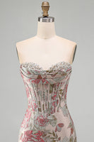 Laden Sie das Bild in den Galerie-Viewer, Rosa Blume Jacquard Korsett Bodycon Pailletten Trägerloses Kurzes Abendkleid