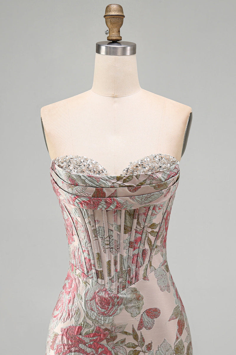 Laden Sie das Bild in den Galerie-Viewer, Rosa Blume Jacquard Korsett Bodycon Pailletten Trägerloses Kurzes Abendkleid