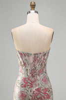 Laden Sie das Bild in den Galerie-Viewer, Rosa Blume Jacquard Korsett Bodycon Pailletten Trägerloses Kurzes Abendkleid
