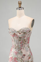 Laden Sie das Bild in den Galerie-Viewer, Rosa Blume Jacquard Korsett Bodycon Pailletten Trägerloses Kurzes Abendkleid