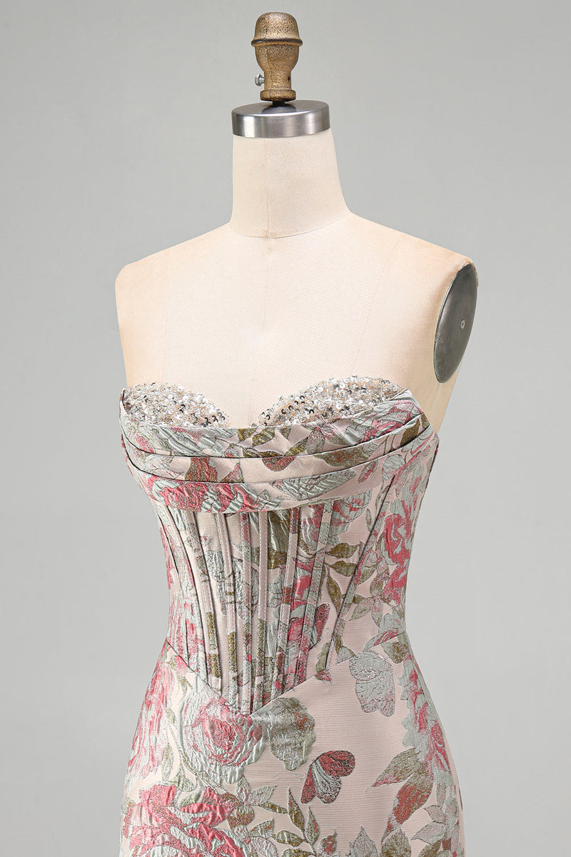 Laden Sie das Bild in den Galerie-Viewer, Rosa Blume Jacquard Korsett Bodycon Pailletten Trägerloses Kurzes Abendkleid