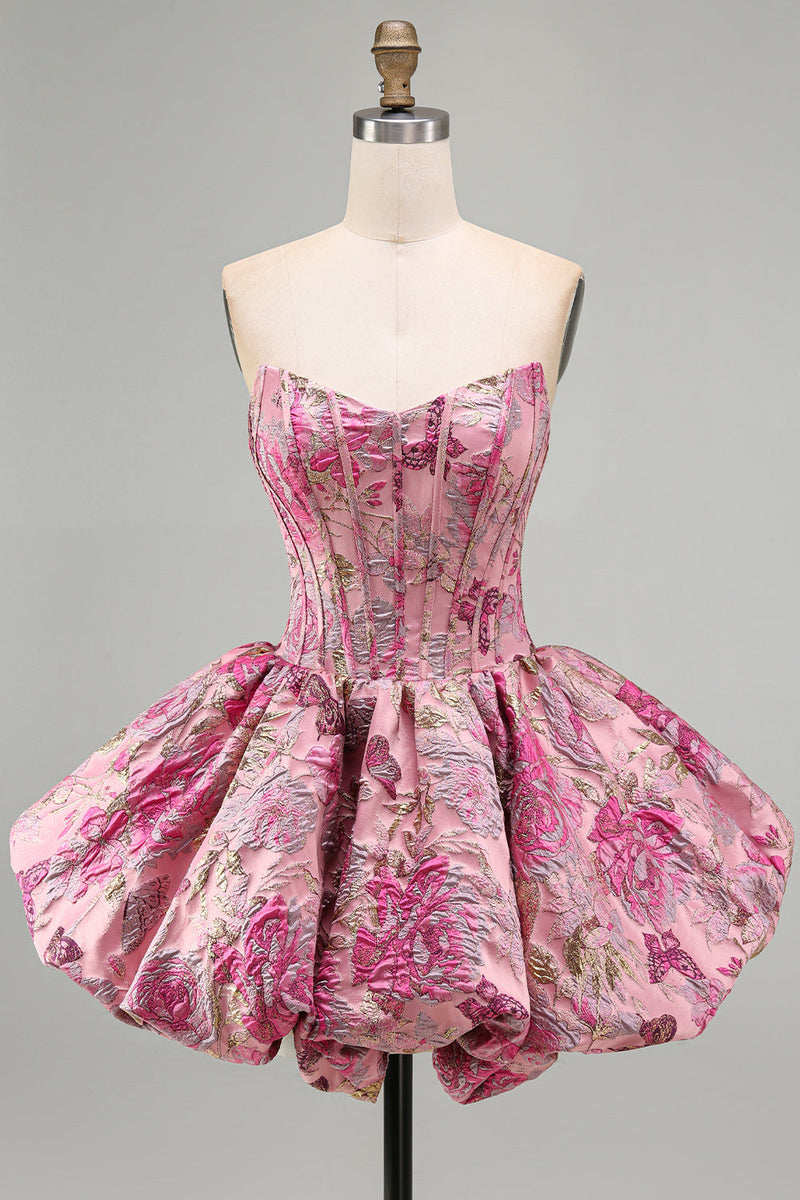 Laden Sie das Bild in den Galerie-Viewer, Rotes Blumen Korsett Jacquard A-Linie Trägerloses Kurzes Abendkleid mit Blasensaum