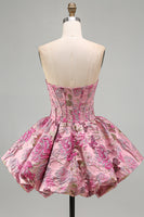 Laden Sie das Bild in den Galerie-Viewer, Rotes Blumen Korsett Jacquard A-Linie Trägerloses Kurzes Abendkleid mit Blasensaum