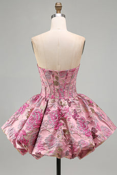 Rotes Blumen Korsett Jacquard A-Linie Trägerloses Kurzes Abendkleid mit Blasensaum