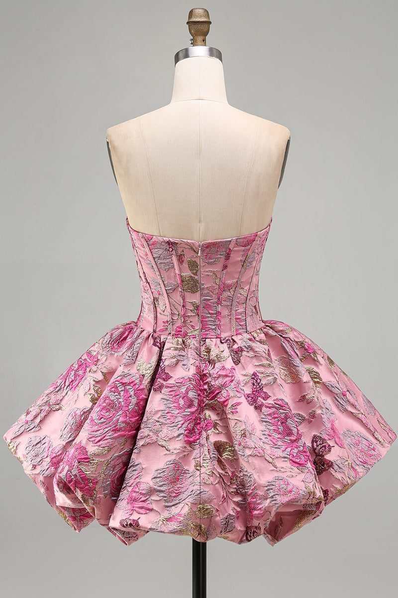 Laden Sie das Bild in den Galerie-Viewer, Rotes Blumen Korsett Jacquard A-Linie Trägerloses Kurzes Abendkleid mit Blasensaum