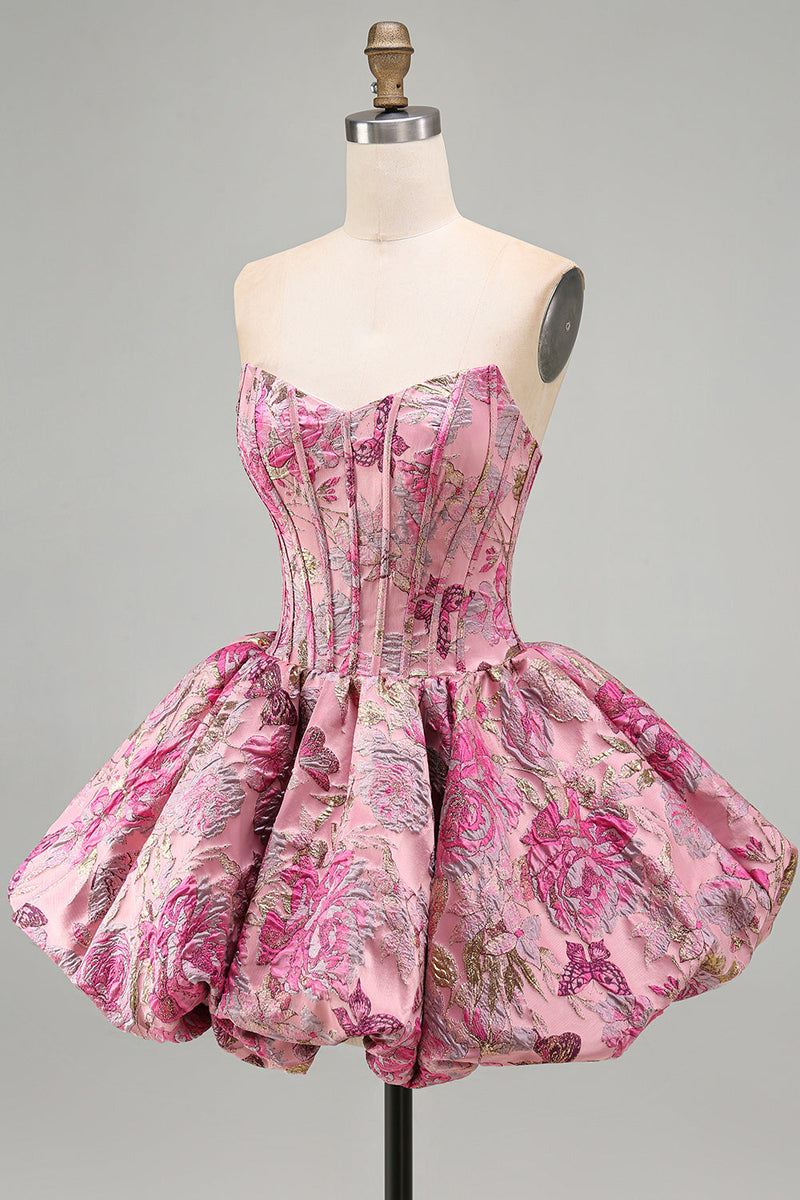 Laden Sie das Bild in den Galerie-Viewer, Rotes Blumen Korsett Jacquard A-Linie Trägerloses Kurzes Abendkleid mit Blasensaum