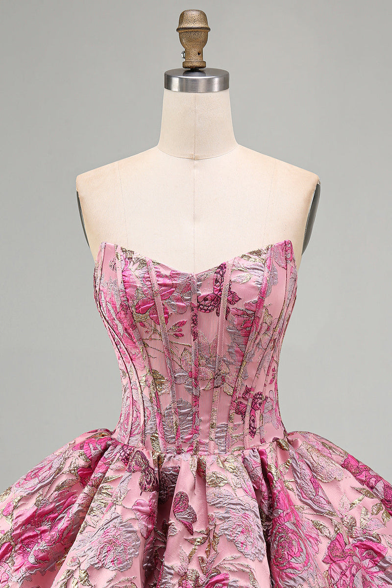 Laden Sie das Bild in den Galerie-Viewer, Rotes Blumen Korsett Jacquard A-Linie Trägerloses Kurzes Abendkleid mit Blasensaum