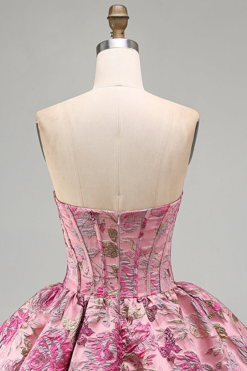 Laden Sie das Bild in den Galerie-Viewer, Rotes Blumen Korsett Jacquard A-Linie Trägerloses Kurzes Abendkleid mit Blasensaum