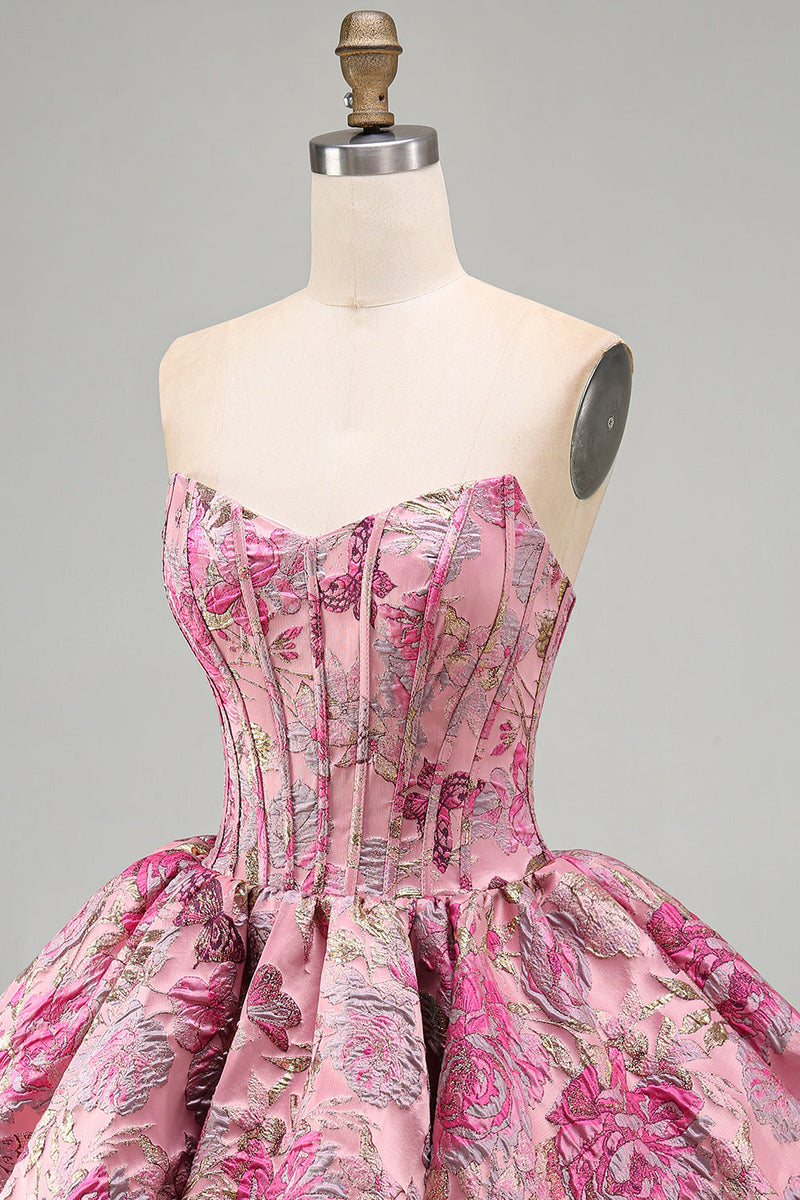 Laden Sie das Bild in den Galerie-Viewer, Rotes Blumen Korsett Jacquard A-Linie Trägerloses Kurzes Abendkleid mit Blasensaum