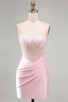 Laden Sie das Bild in den Galerie-Viewer, Rosa Transparentes Korsett Gerafftes Satin Bodycon Kurzes Abendkleid mit Perlen