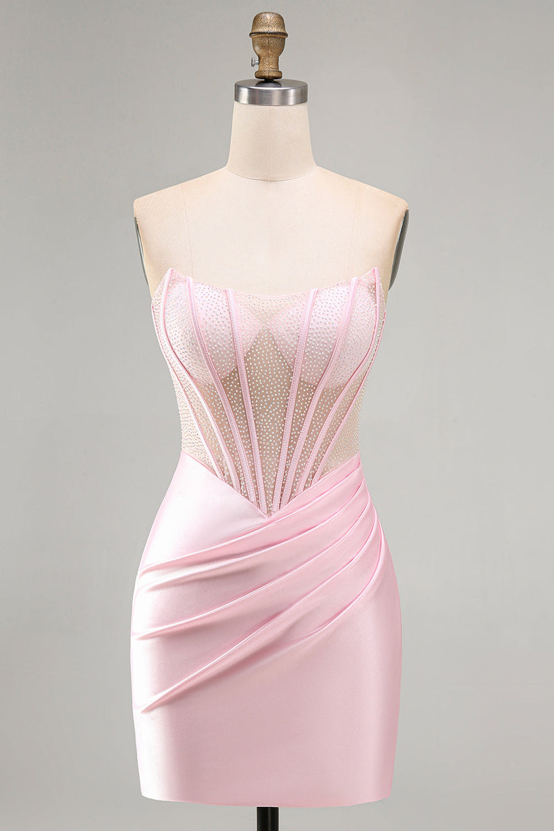 Laden Sie das Bild in den Galerie-Viewer, Rosa Transparentes Korsett Gerafftes Satin Bodycon Kurzes Abendkleid mit Perlen