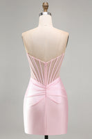 Laden Sie das Bild in den Galerie-Viewer, Rosa Transparentes Korsett Gerafftes Satin Bodycon Kurzes Abendkleid mit Perlen