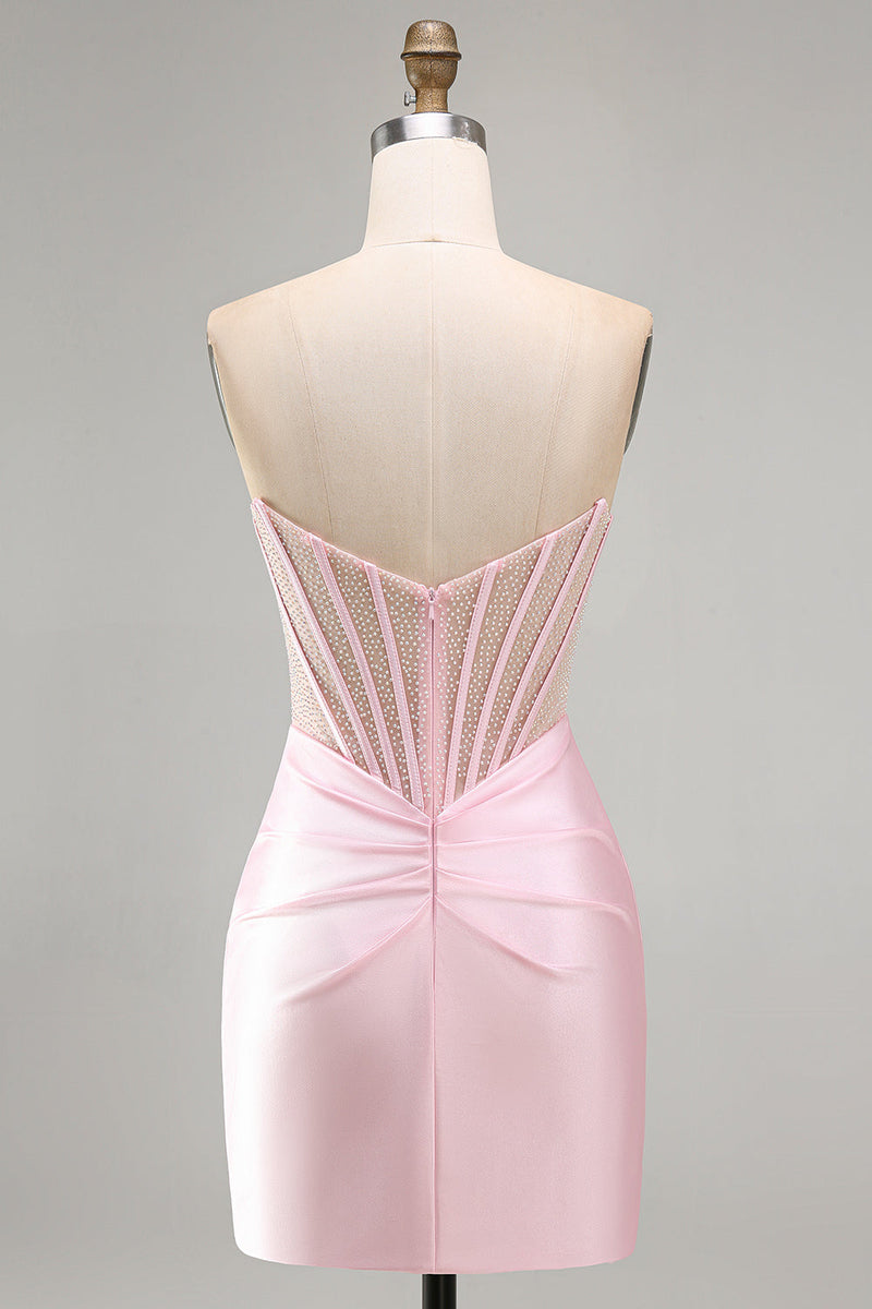 Laden Sie das Bild in den Galerie-Viewer, Rosa Transparentes Korsett Gerafftes Satin Bodycon Kurzes Abendkleid mit Perlen