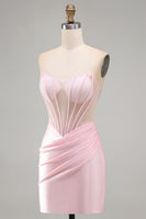 Laden Sie das Bild in den Galerie-Viewer, Rosa Transparentes Korsett Gerafftes Satin Bodycon Kurzes Abendkleid mit Perlen