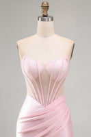 Laden Sie das Bild in den Galerie-Viewer, Rosa Transparentes Korsett Gerafftes Satin Bodycon Kurzes Abendkleid mit Perlen