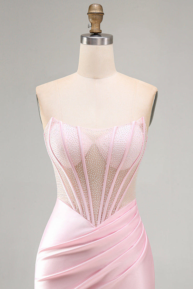 Laden Sie das Bild in den Galerie-Viewer, Rosa Transparentes Korsett Gerafftes Satin Bodycon Kurzes Abendkleid mit Perlen