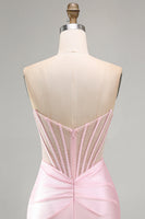 Laden Sie das Bild in den Galerie-Viewer, Rosa Transparentes Korsett Gerafftes Satin Bodycon Kurzes Abendkleid mit Perlen