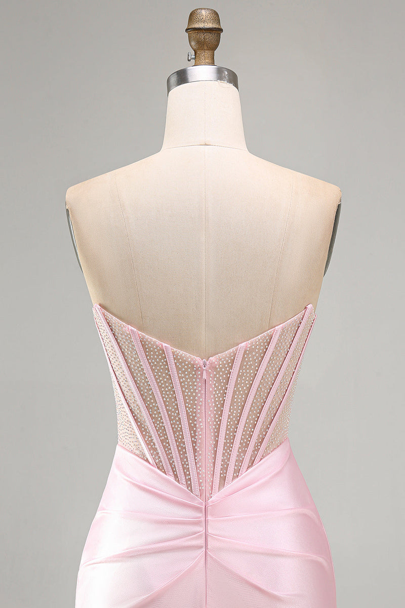 Laden Sie das Bild in den Galerie-Viewer, Rosa Transparentes Korsett Gerafftes Satin Bodycon Kurzes Abendkleid mit Perlen