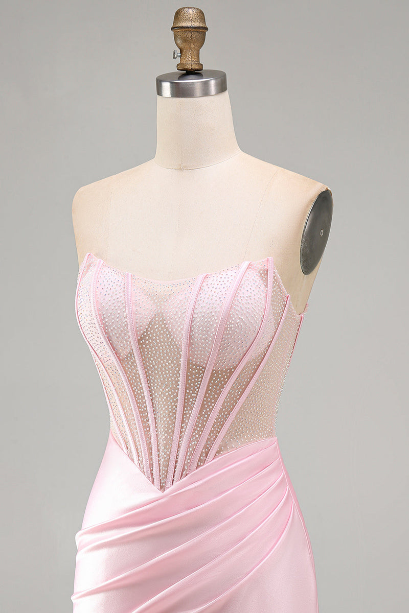 Laden Sie das Bild in den Galerie-Viewer, Rosa Transparentes Korsett Gerafftes Satin Bodycon Kurzes Abendkleid mit Perlen