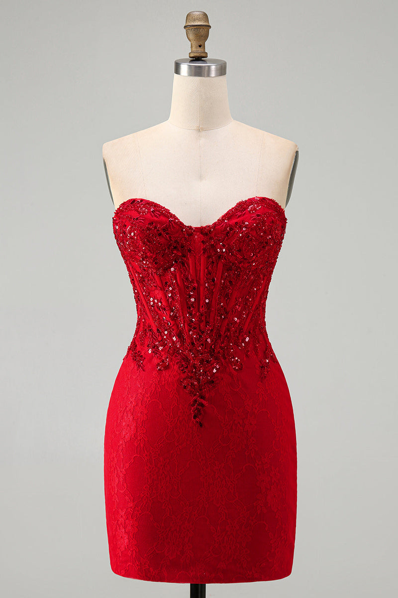 Laden Sie das Bild in den Galerie-Viewer, Rotes Bodycon trägerloses, perlenbesetztes Paillettenkorsett Kurzes Homecoming-Kleid mit Spitze