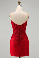 Laden Sie das Bild in den Galerie-Viewer, Rotes Bodycon trägerloses, perlenbesetztes Paillettenkorsett Kurzes Homecoming-Kleid mit Spitze