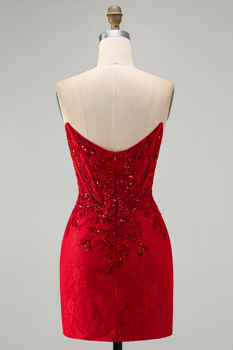 Laden Sie das Bild in den Galerie-Viewer, Rotes Bodycon trägerloses, perlenbesetztes Paillettenkorsett Kurzes Homecoming-Kleid mit Spitze