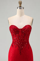 Laden Sie das Bild in den Galerie-Viewer, Rotes Bodycon trägerloses, perlenbesetztes Paillettenkorsett Kurzes Homecoming-Kleid mit Spitze