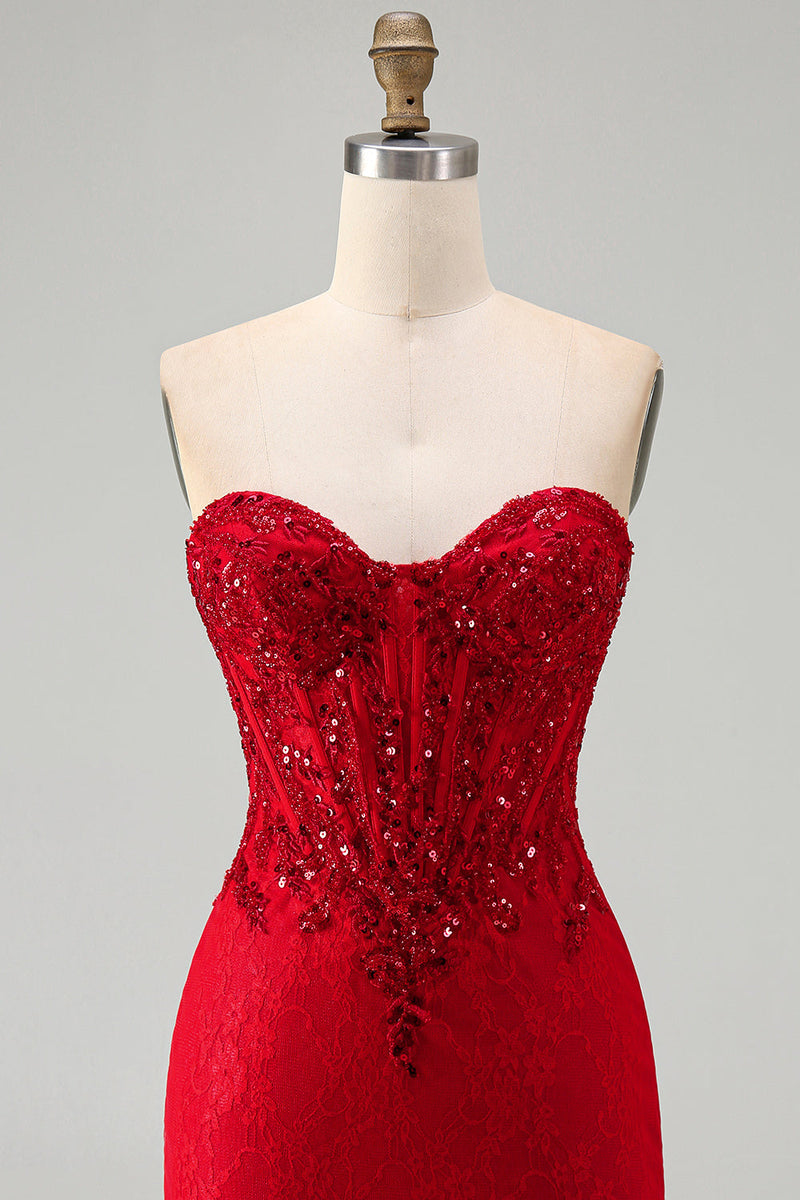 Laden Sie das Bild in den Galerie-Viewer, Rotes Bodycon trägerloses, perlenbesetztes Paillettenkorsett Kurzes Homecoming-Kleid mit Spitze
