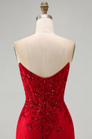 Laden Sie das Bild in den Galerie-Viewer, Rotes Bodycon trägerloses, perlenbesetztes Paillettenkorsett Kurzes Homecoming-Kleid mit Spitze
