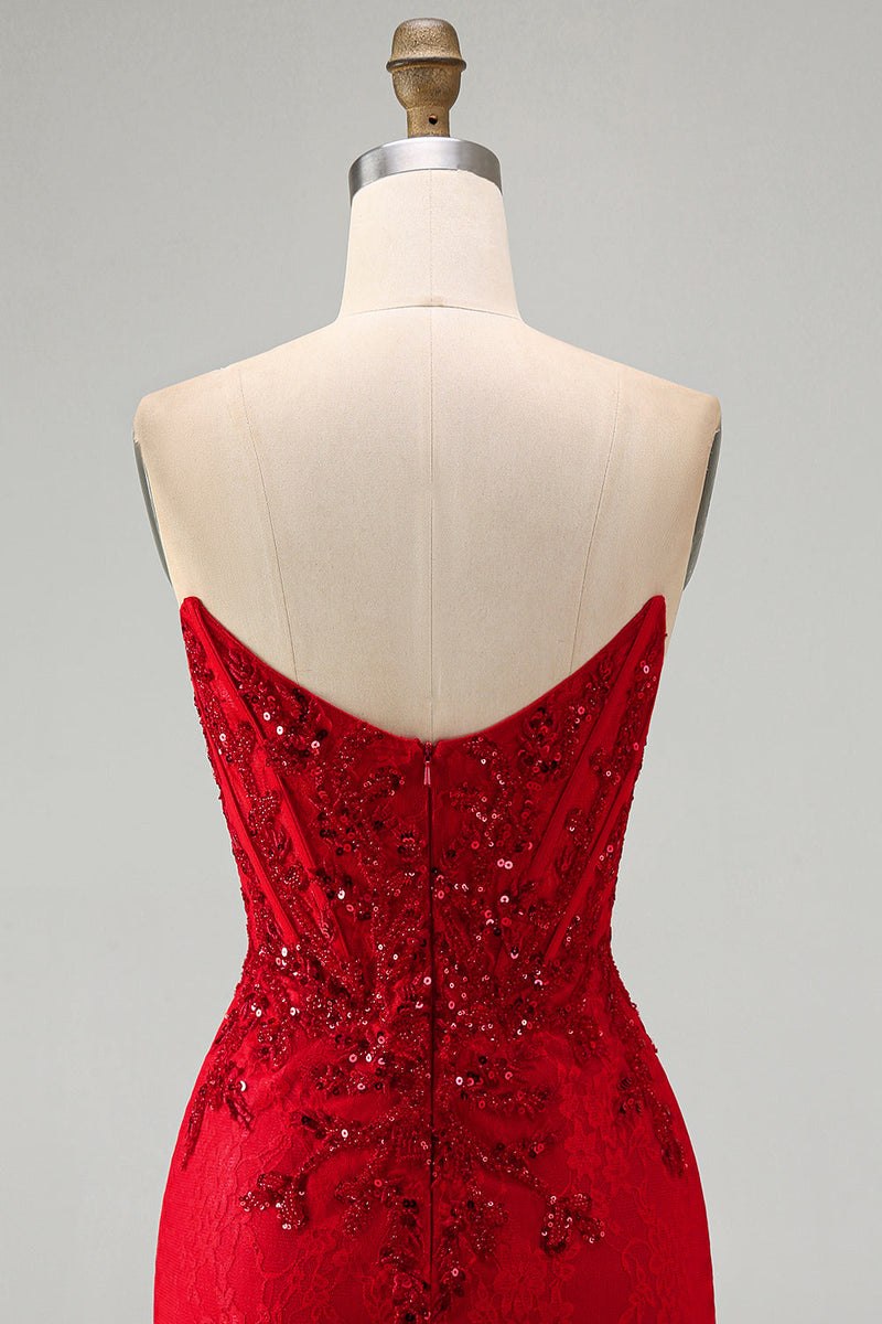 Laden Sie das Bild in den Galerie-Viewer, Rotes Bodycon trägerloses, perlenbesetztes Paillettenkorsett Kurzes Homecoming-Kleid mit Spitze