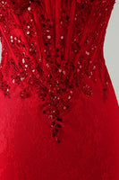 Laden Sie das Bild in den Galerie-Viewer, Rotes Bodycon trägerloses, perlenbesetztes Paillettenkorsett Kurzes Homecoming-Kleid mit Spitze