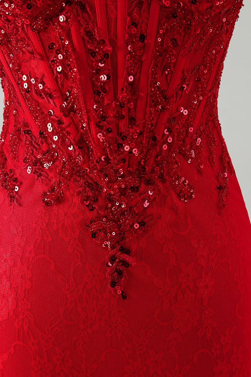 Laden Sie das Bild in den Galerie-Viewer, Rotes Bodycon trägerloses, perlenbesetztes Paillettenkorsett Kurzes Homecoming-Kleid mit Spitze