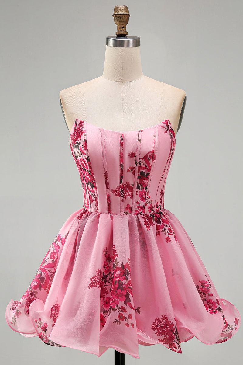 Laden Sie das Bild in den Galerie-Viewer, Rosa A-Line Trägerloses Korsett, mit Rüschen und Blumenmuster, kurzes Homecoming-Kleid