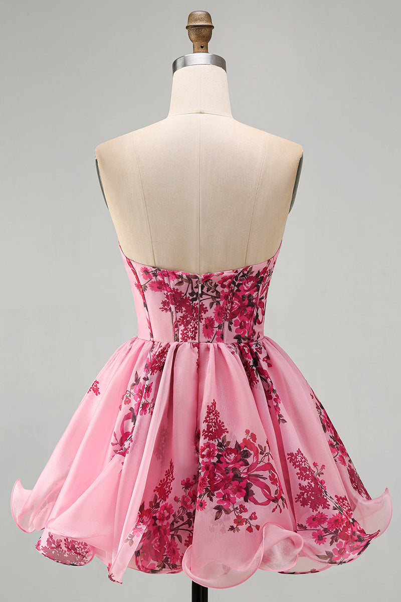 Laden Sie das Bild in den Galerie-Viewer, Rosa A-Line Trägerloses Korsett, mit Rüschen und Blumenmuster, kurzes Homecoming-Kleid