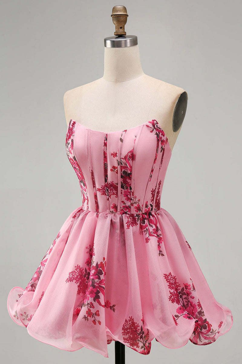 Laden Sie das Bild in den Galerie-Viewer, Rosa A-Line Trägerloses Korsett, mit Rüschen und Blumenmuster, kurzes Homecoming-Kleid