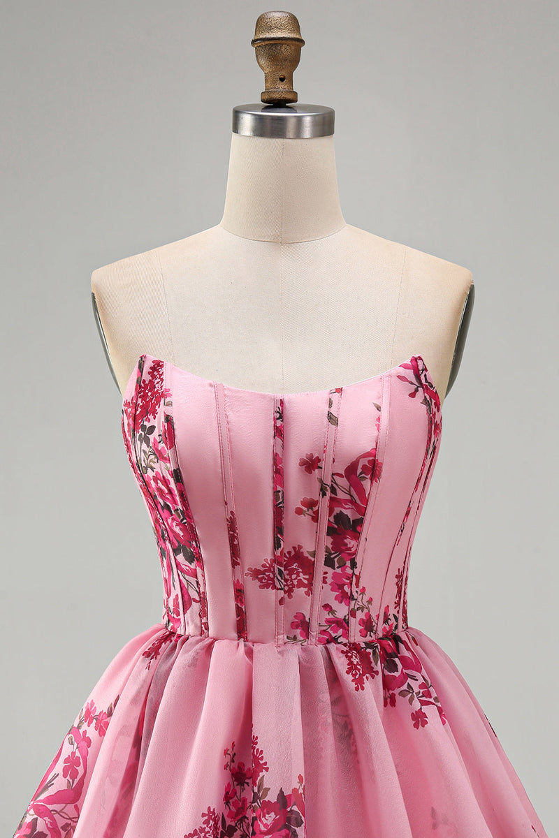 Laden Sie das Bild in den Galerie-Viewer, Rosa A-Line Trägerloses Korsett, mit Rüschen und Blumenmuster, kurzes Homecoming-Kleid