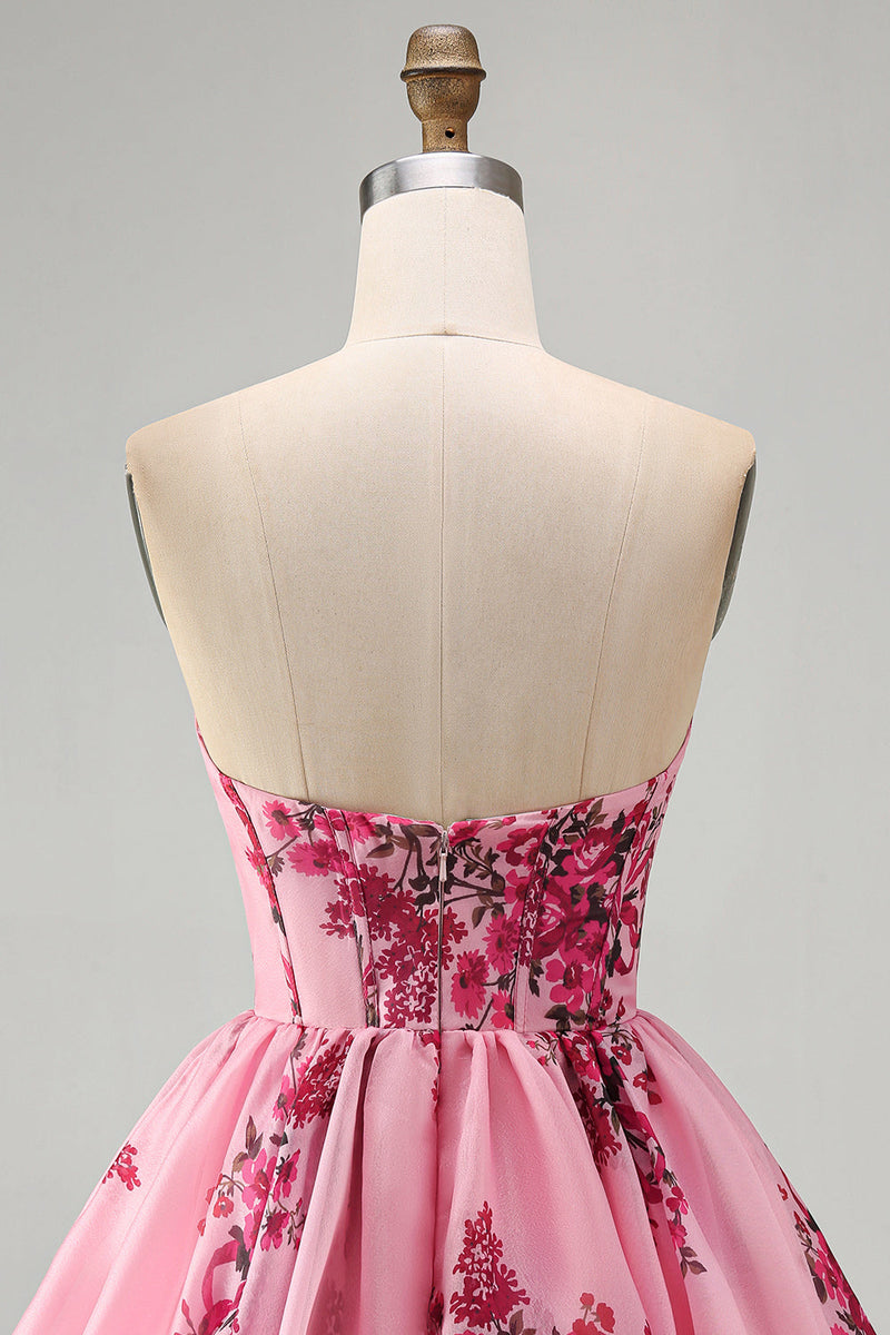 Laden Sie das Bild in den Galerie-Viewer, Rosa A-Line Trägerloses Korsett, mit Rüschen und Blumenmuster, kurzes Homecoming-Kleid