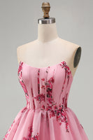Laden Sie das Bild in den Galerie-Viewer, Rosa A-Line Trägerloses Korsett, mit Rüschen und Blumenmuster, kurzes Homecoming-Kleid