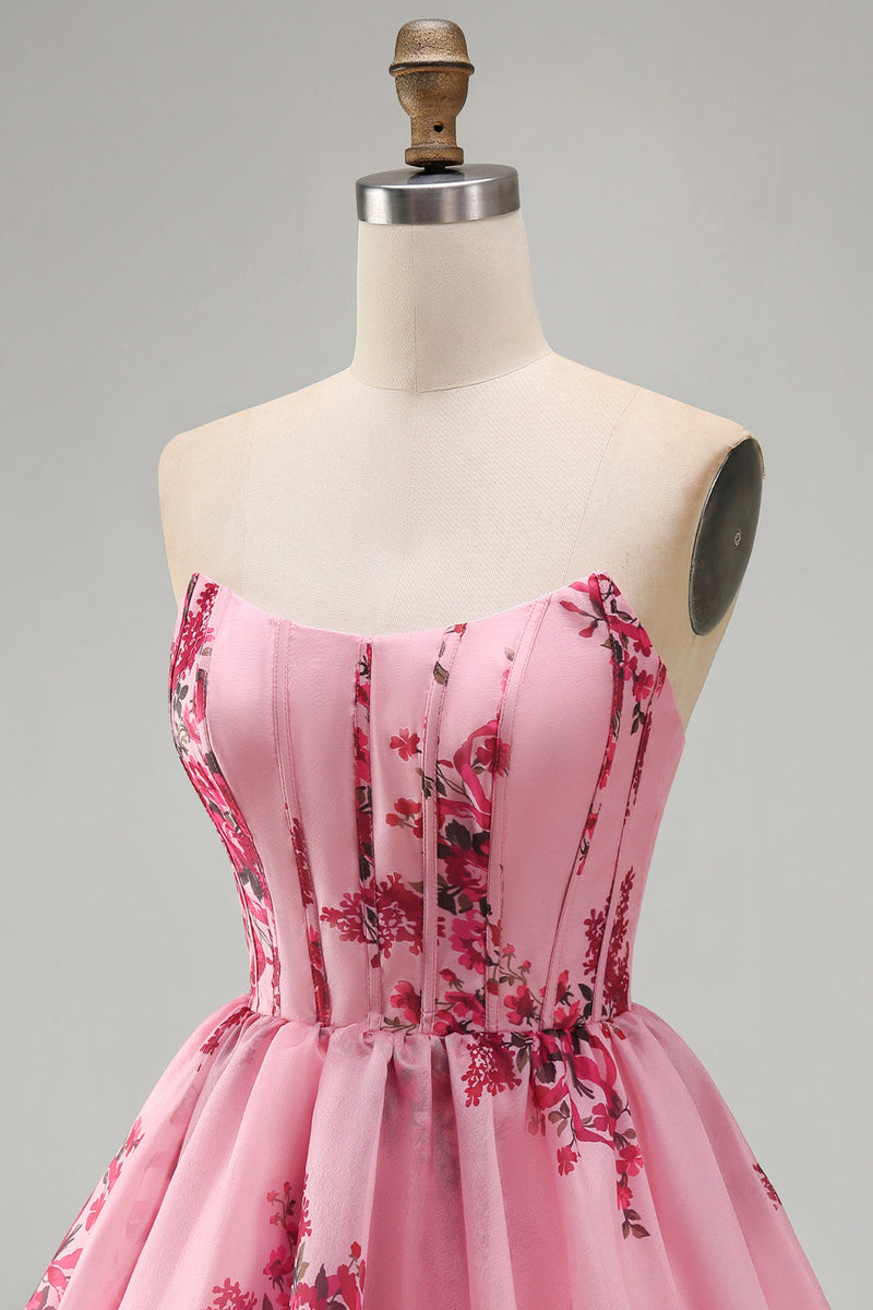 Laden Sie das Bild in den Galerie-Viewer, Rosa A-Line Trägerloses Korsett, mit Rüschen und Blumenmuster, kurzes Homecoming-Kleid